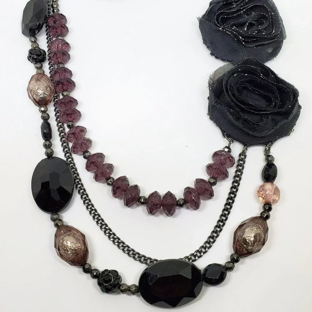 Black Organza Flower Purple Beaded Statement Triple Strand Statement Necklace